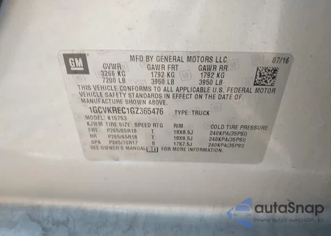 2016 Chevrolet Silverado K1500 Lt z USA, uszkodzony, nr VIN 1GCVKREC1GZ365476